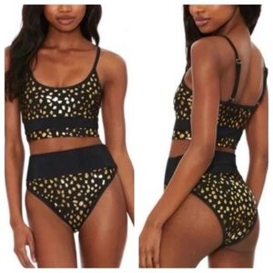 New! SET Beach Riot Eva Emmy Ribbed Bikini in Black Gold Spot 24888 4172